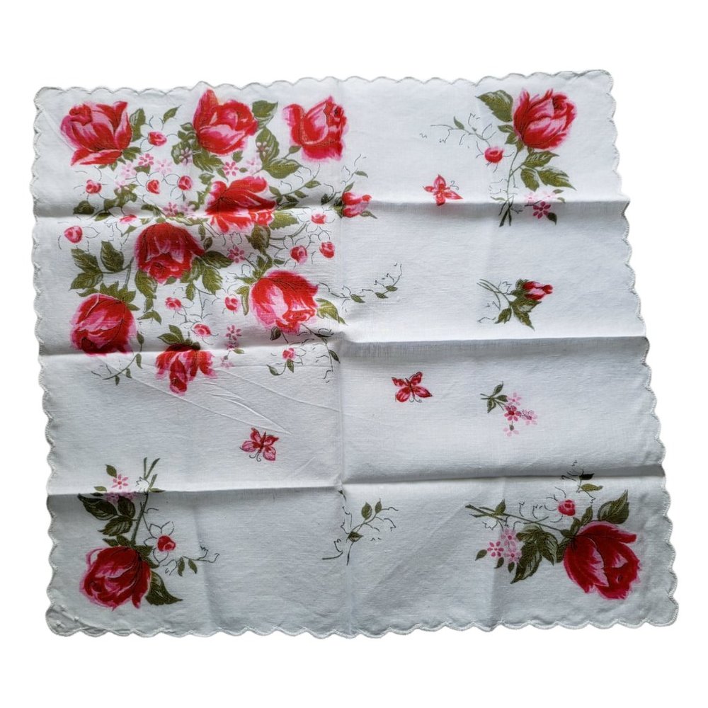 Vintage Ladies Handkerchief /Hankies Pink Red Scalloped Roses Butterflies - Picture 5 of 5